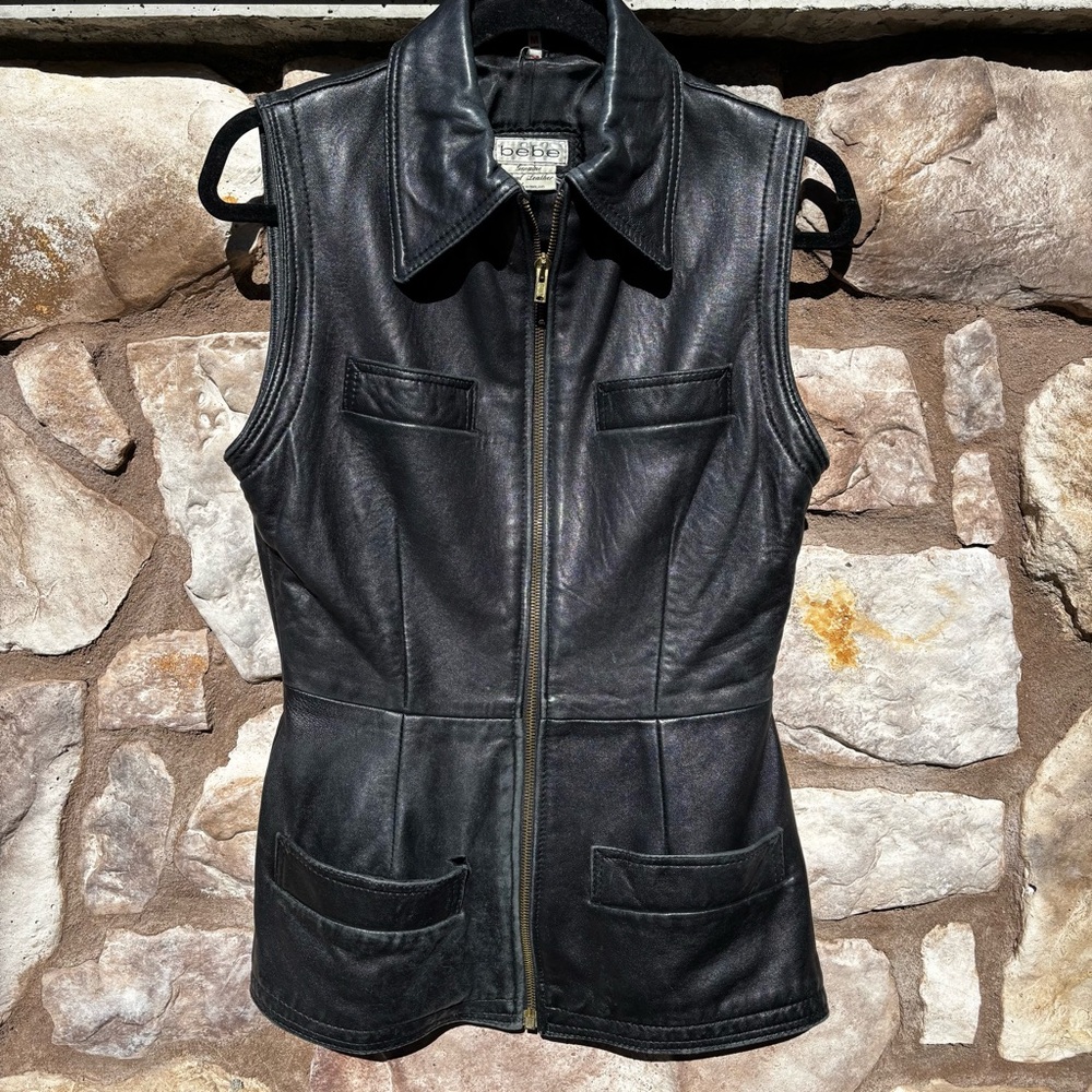 Vintage Bebe Leather Vest Black Moto Zipper Size Medium 90s Biker England